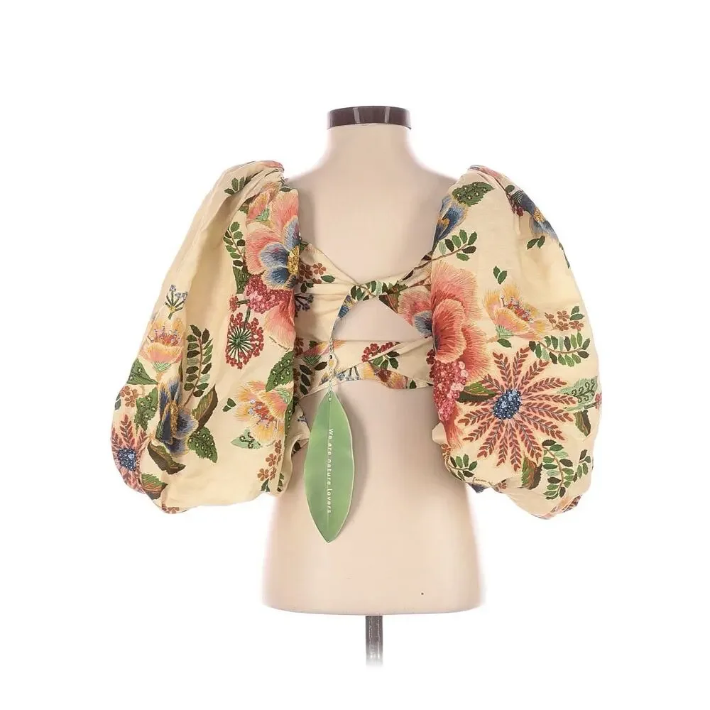 NWT FARM Rio Delicate Garden Crop Top Puff Sleeves XXS 2XS
